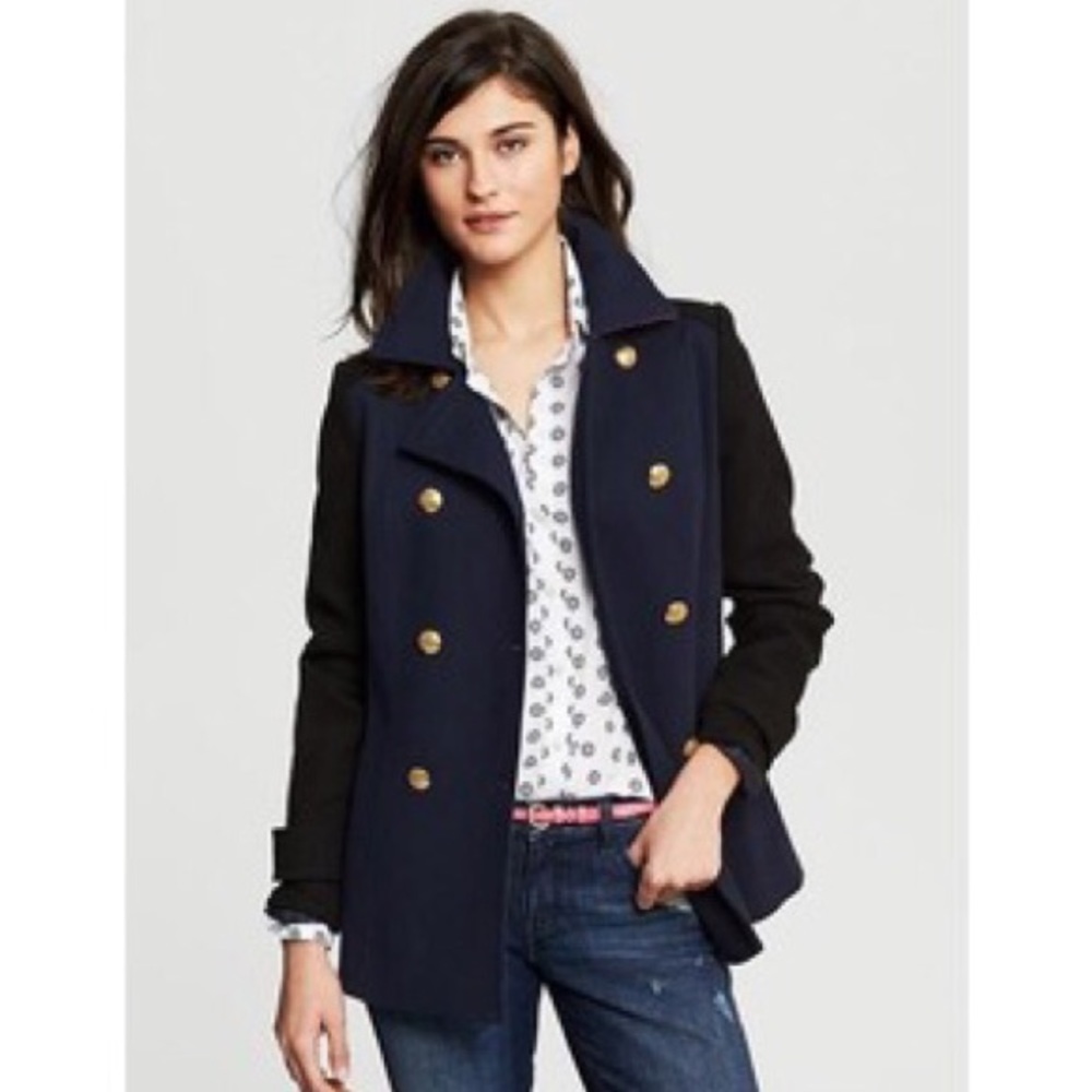 SOLD** Banana Republic Color Block Navy Pea Coat - Picture 1 of 8